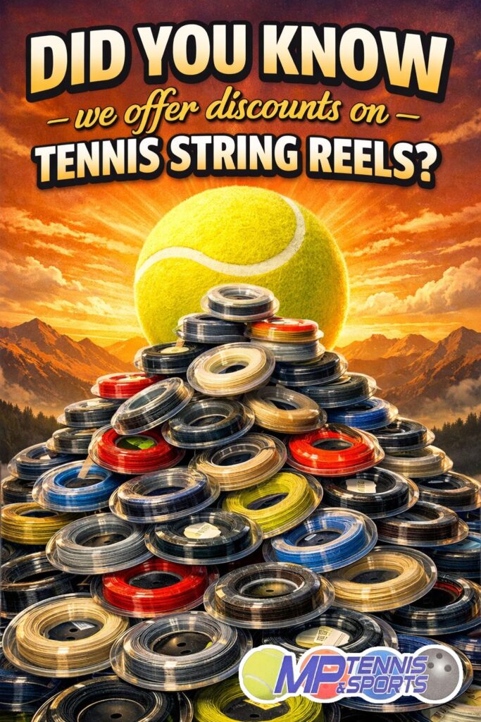 ad for tennis string reels and how we offer discounts on them